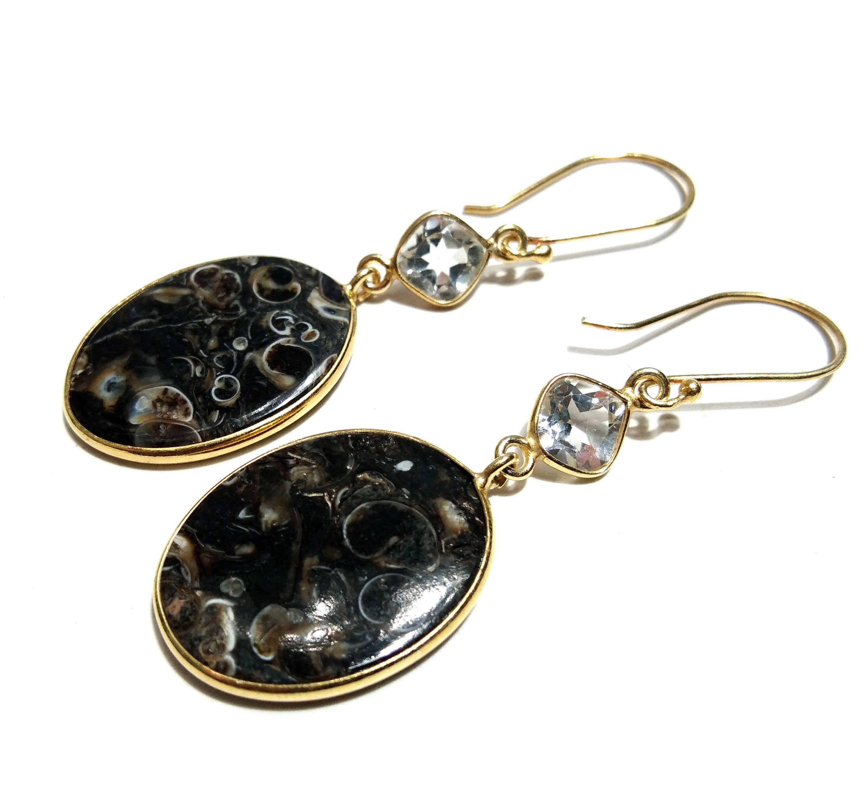 White Topaz & Turtella Jasper Earrings ! 925 Starling Silver With Gold Plated And Natural Gemstone Earrings Topaz Faceted,Turritella Fossil.